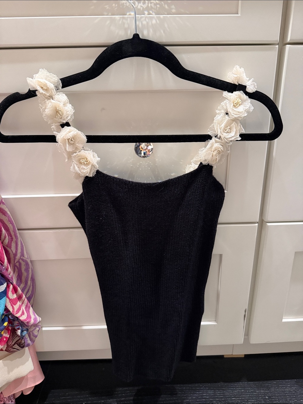 Zara Black Knit Tank with Ivory Floral Straps